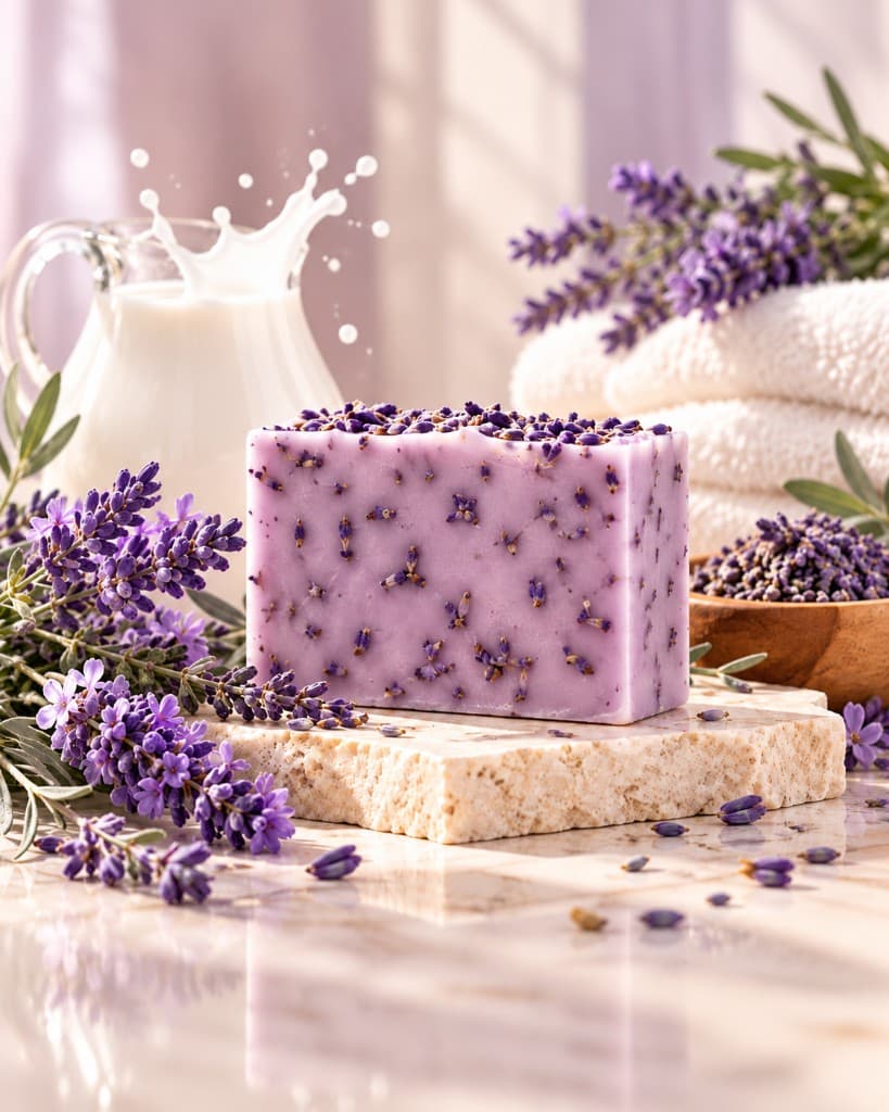 Lavender goat milk soap bar topped with lavender buds, beside a jug of milk and fresh lavender.